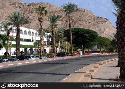 Palmtrees against the background of the white hotel and mountains in Eilat, Israel