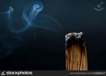 Palo Santo, holy sacred tree stick, macro close-up, burning with aromatic smoke.
