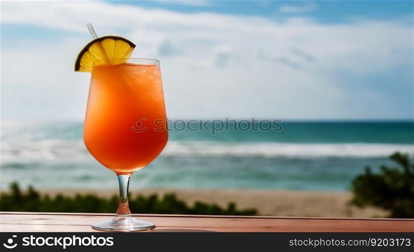 Paloma cocktail on background with blue sea and sky tropical background. Generative AI.. Paloma cocktail on background with blue sea and sky tropical background. Generative AI