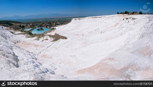 Pammukale, Turkey - July, 2015: panoramic view of Pammukale near modern turkey city Denizli