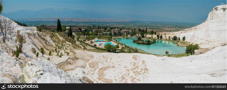 Pammukale, Turkey - July, 2015: panoramic view of Pammukale near modern turkey city Denizli