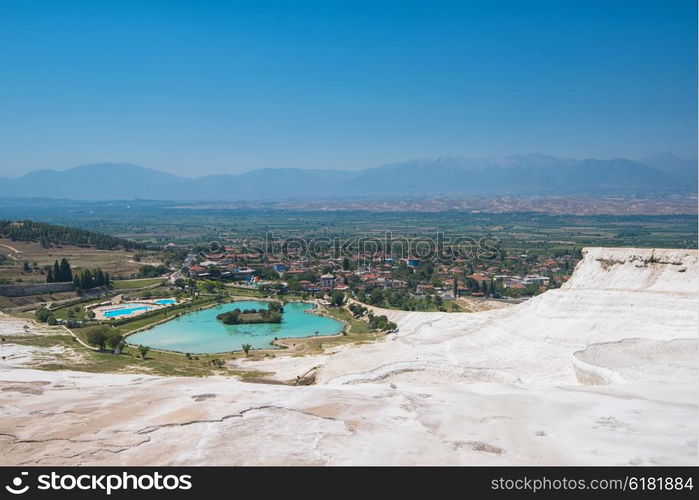 Pammukale, Turkey - July, 2015: panoramic view of Pammukale near modern turkey city Denizli