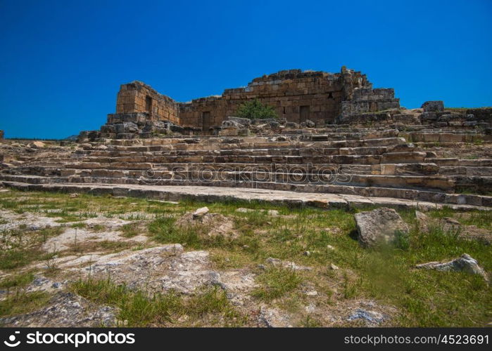 Pammukale, Turkey - July, 2015: photo of ancient city Hierapolis, near modern turkey city Denizli