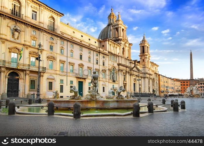 Pamphili palace and fountain of Moor on piazza Navona in Rome, Italy