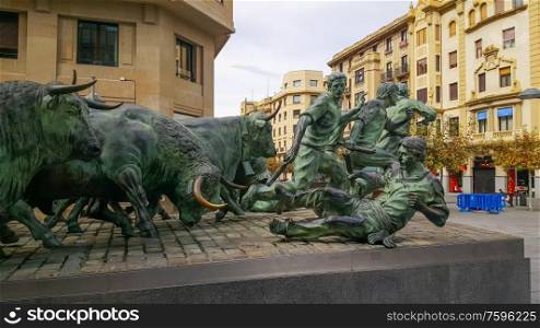 PAMPLONA, SPAIN - SEPTEMBER 30, 2017: Running bulls monument in Pamplona city, Navarre region of Spain