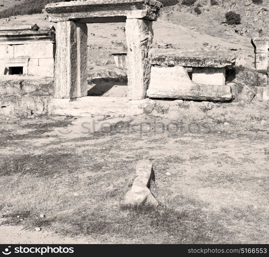 pamukkale old construction in asia turkey the column and the roman temple