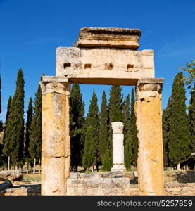 pamukkale old construction in asia turkey the column and the roman temple