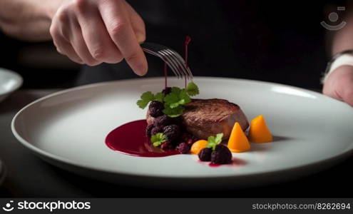 Pan fried pink duck onto a bed of parsnip puree with seasonal autumn vegetables Illustration Generative AI 