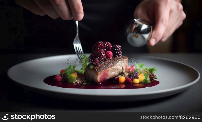 Pan fried pink duck onto a bed of parsnip puree with seasonal autumn vegetables Illustration Generative AI 