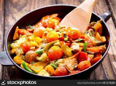 pan of roasted vegetables on wooden table