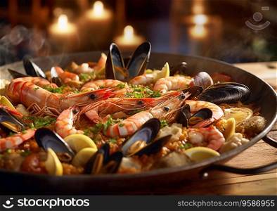 Pan with classic seafood paella on wooden table.AI Generative.