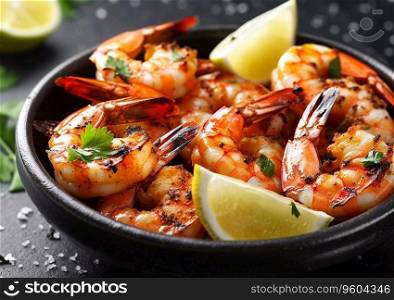 Pan with gril≤d seafood prawn shrimps with≤mon and herbs on tab≤.AI Ge≠rative