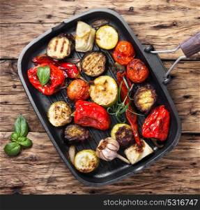 pan with grilled vegetables. grilled vegetables grilled in a frying pan in a rural style