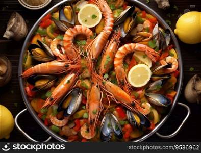 Pan with tasty classic seafood paella on table.Top view.Macro.AI Generative.