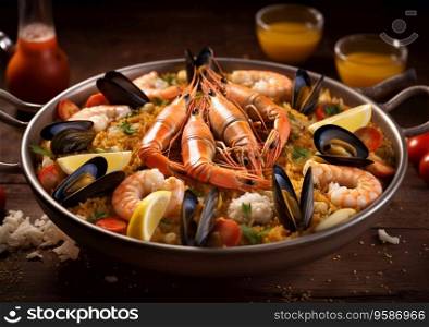 Pan with tasty shrimps,prawns,mussels in seafood paella on table.AI Generative.