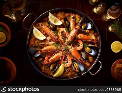 Pan with tasty shrimps,prawns,mussels in seafood paella on table.Top view.AI Generative.