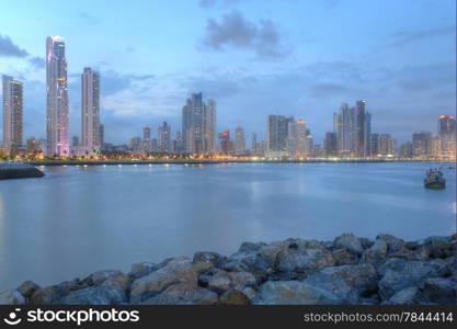 Panama City center skyline and Bay of Panama, Panama, Central America in the sunset