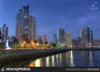 Panama City skyline and Bay of Panama, Central America in the twilight