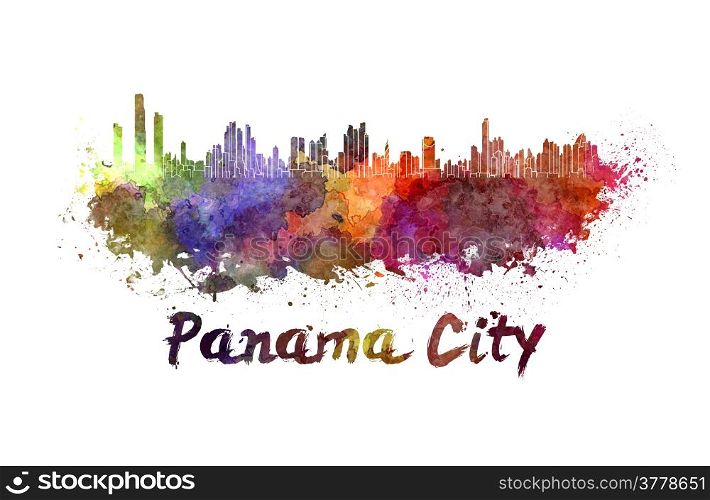 Panama City skyline in watercolor splatters with clipping path. Panama City skyline in watercolor