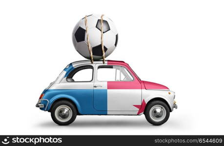 Panama football car. Panama flag on car delivering soccer or football ball isolated on white background