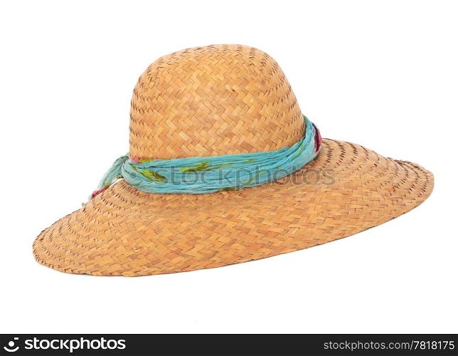 Panama summer wicker hat with blue ribbon on white background