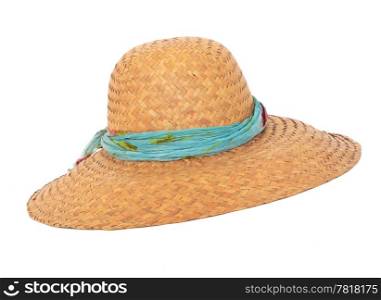 Panama summer wicker hat with blue ribbon on white background