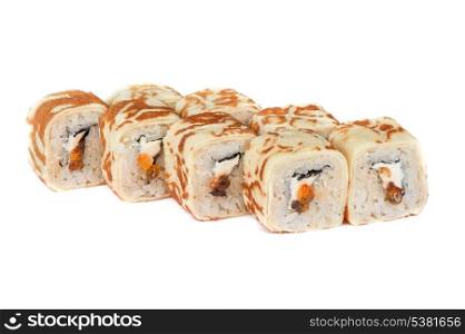 pancake sushi rolls with red caviar isolated on white