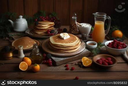Pancake tower with fresh blueberries, oranges and eggs on a rustic wooden table. Generative AI.