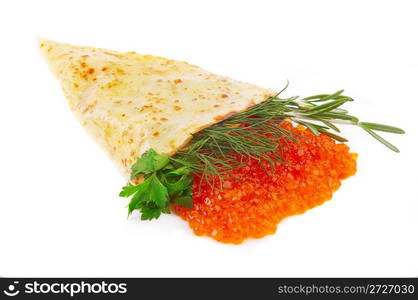 Pancake with red caviar on a white background