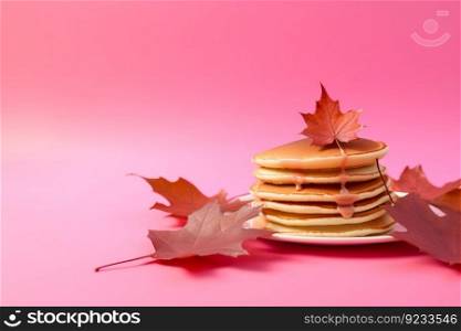 Pancakes maple syrup leaf. American dessert. Generate Ai. Pancakes maple syrup leaf. Generate Ai