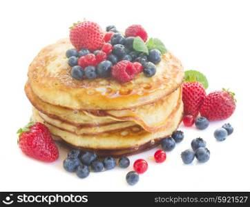Pancakes . Pancakes with fresh berries isolated on white background