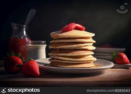 Pancakes strawberry. Butter dessert fruit. Generate Ai. Pancakes strawberry. Generate Ai
