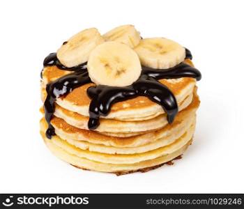 Pancakes with banana and syrup Isolated on white background. Pancakes with banana and syrup