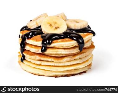 Pancakes with banana and syrup Isolated on white background. Pancakes with fresh berry