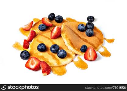 Pancakes with blueberries and strawberries Isolated on white background. Pancakes with blueberries and strawberries