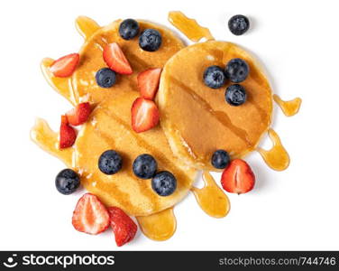 Pancakes with blueberries and strawberries Isolated on white background. Pancakes with blueberries and strawberries