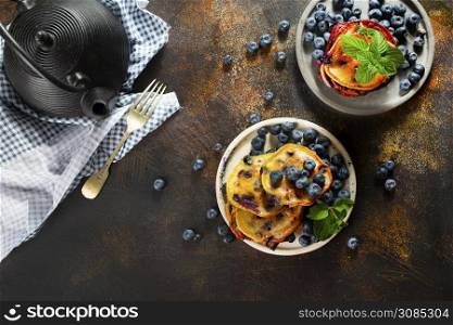 pancakes with blueberry on plate, sweet pancakes with fresh berries