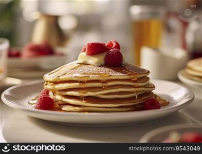 Pancakes with butter and strawberries with honey.AI Generative