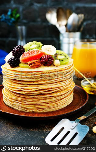 pancakes with fresh fruit and honey on plate