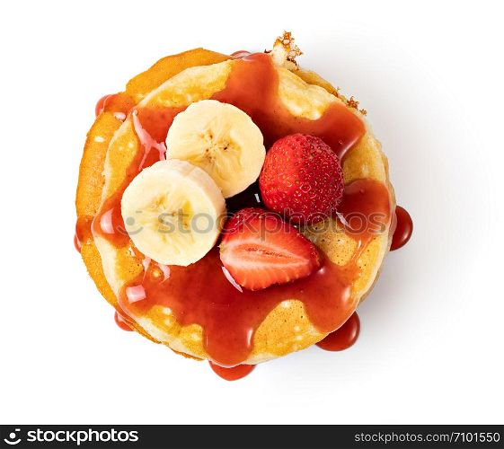 Pancakes with fresh strawberries and syrup Isolated on white background. Pancakes with fresh berry