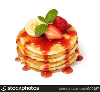 Pancakes with fresh strawberries and syrup Isolated on white background. Pancakes with fresh berry