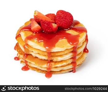 Pancakes with fresh strawberries and syrup Isolated on white background. Pancakes with fresh strawberries
