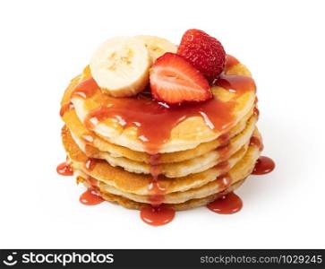 Pancakes with fresh strawberries and syrup Isolated on white background. Pancakes with fresh strawberries
