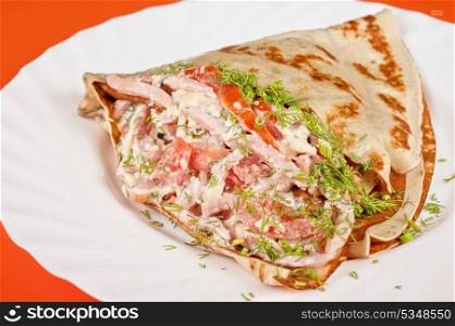 pancakes with ham, cheese and vegetables