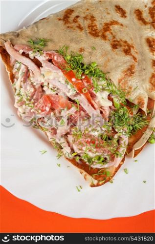 pancakes with ham, cheese and vegetables