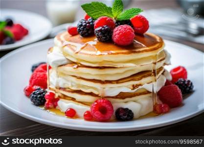 Pancakes with honey and berries on a plate. Pancakes with honey and berries