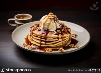 Pancakes with ice cream, honey and nuts. Pancakes with ice cream and nuts