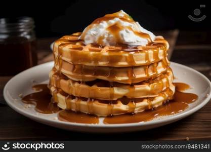 Pancakes with maple syrup, waffles with whipped cream. Generative AI
