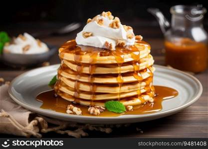 Pancakes with maple syrup, waffles with whipped cream. Generative AI
