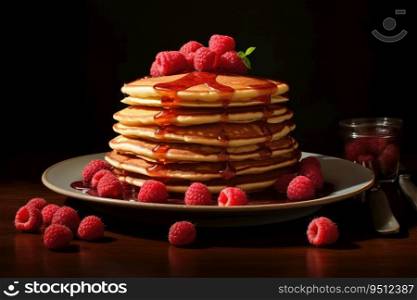 Pancakes with raspberries and jam in a plate. Breakfast with pancakes. Pancakes with raspberries and jam in a plate.